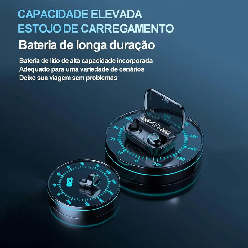 fone bluetooth M10, fone de ouvido sem fio M10, fone com cancelamento de ruído, fone de ouvido ergonômico, fone bluetooth com caixa de carregamento, fone de alta qualidade, fone para exercícios, fone resistente à água